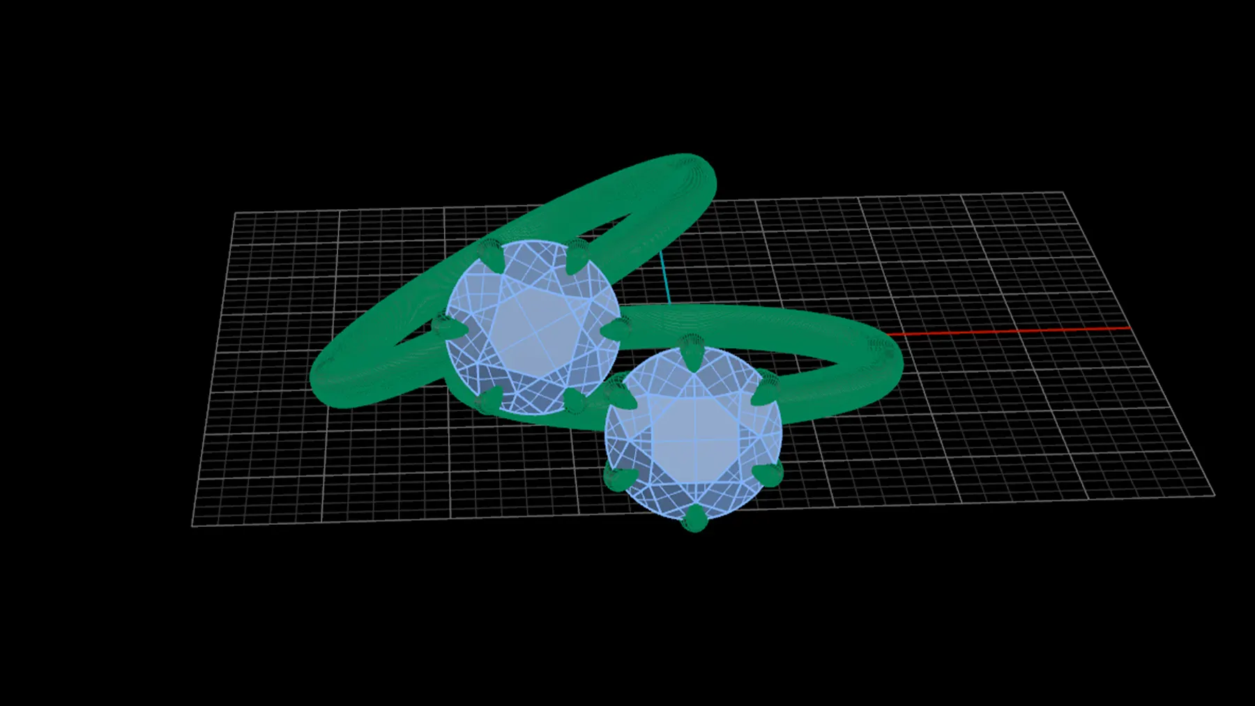 Two solitaire rings in a CAD viewport: green shaded metal and faceted blue stones on a modelling grid